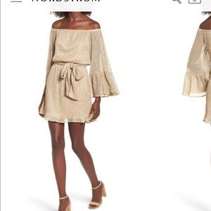 Lush Gold Metallic off the shoulder dress